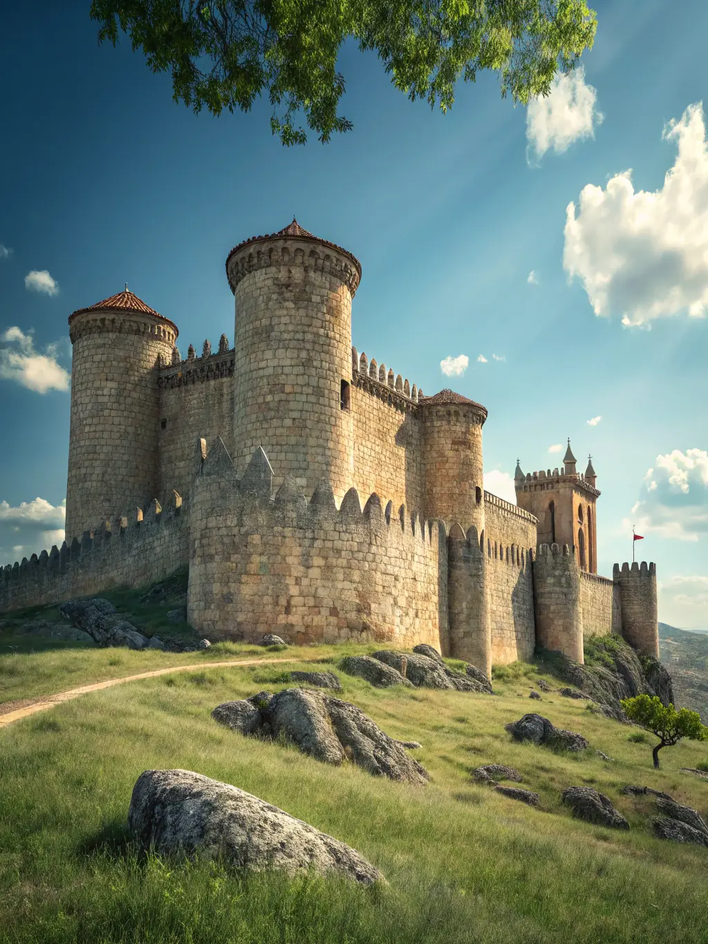 A Parador located in a medieval castle, complete with turrets, stone walls, and a drawbridge, evoking a sense of history and adventure.
