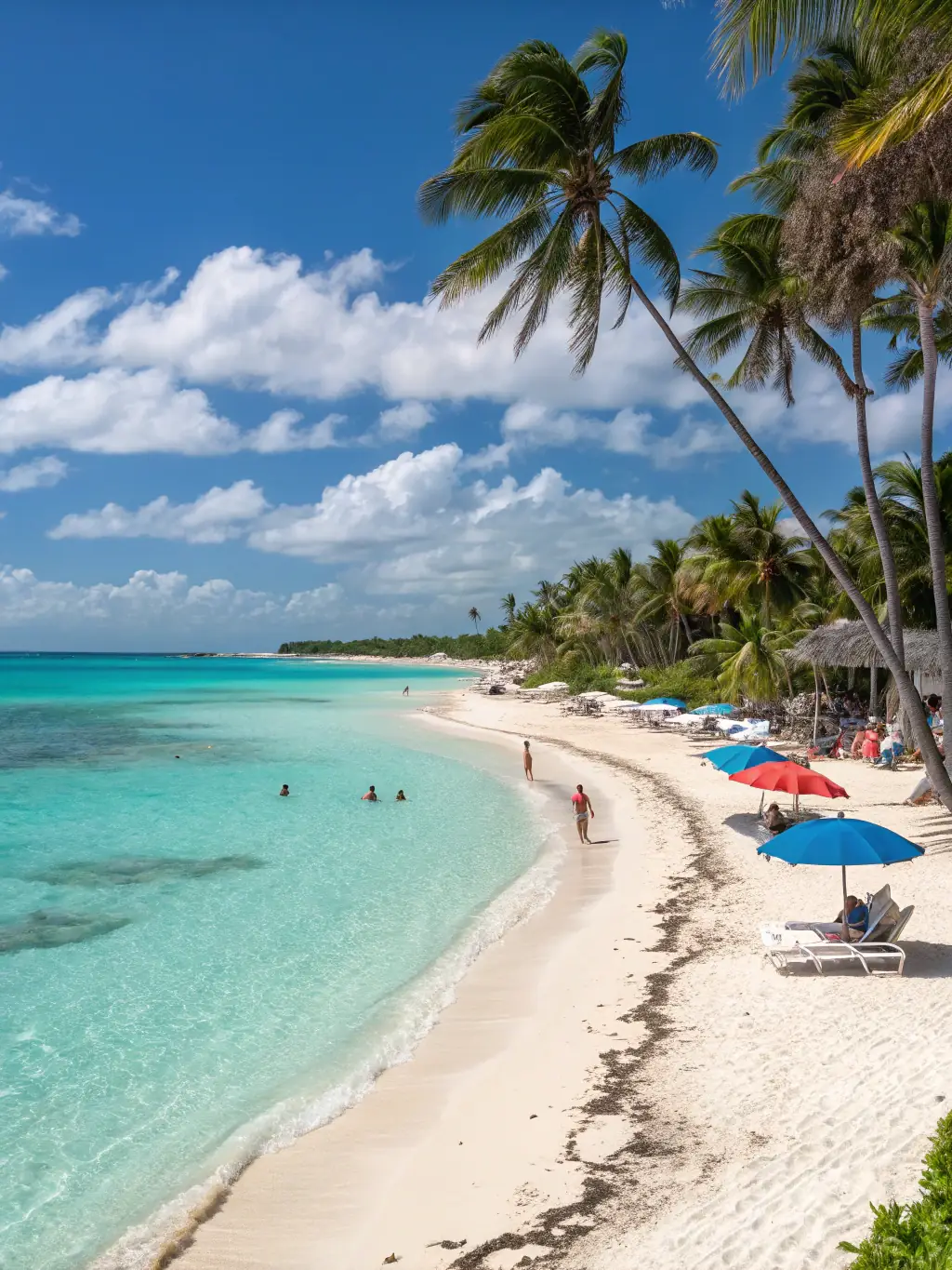 A beachfront resort with palm trees and turquoise waters, featuring water sports activities and a vibrant beach bar, highlighting a tropical vacation option.