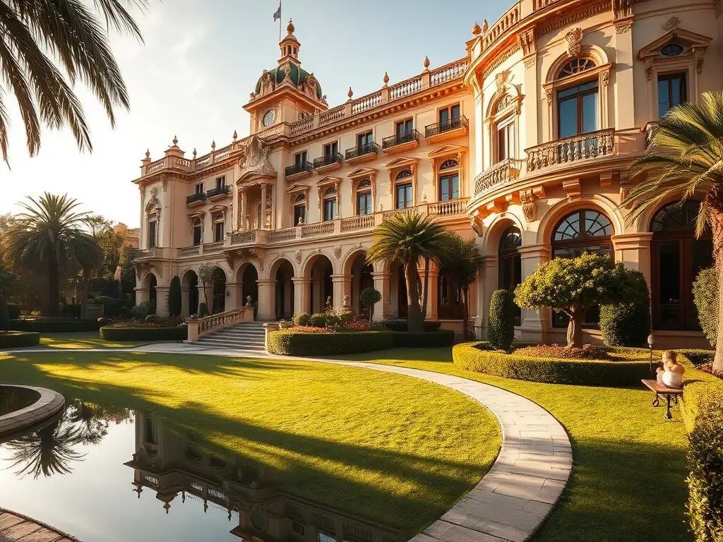 A beautifully restored Parador hotel in Granada, Spain, showcasing its historic architecture and lush gardens, under a bright sunny sky.