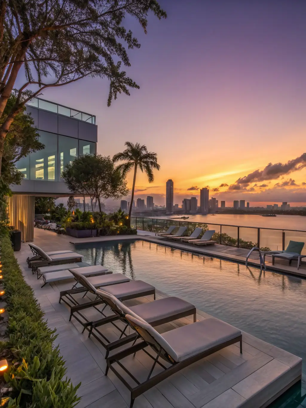 A luxurious boutique hotel with a modern design, featuring a rooftop pool overlooking a vibrant cityscape, showcasing an alternative high-end accommodation option.