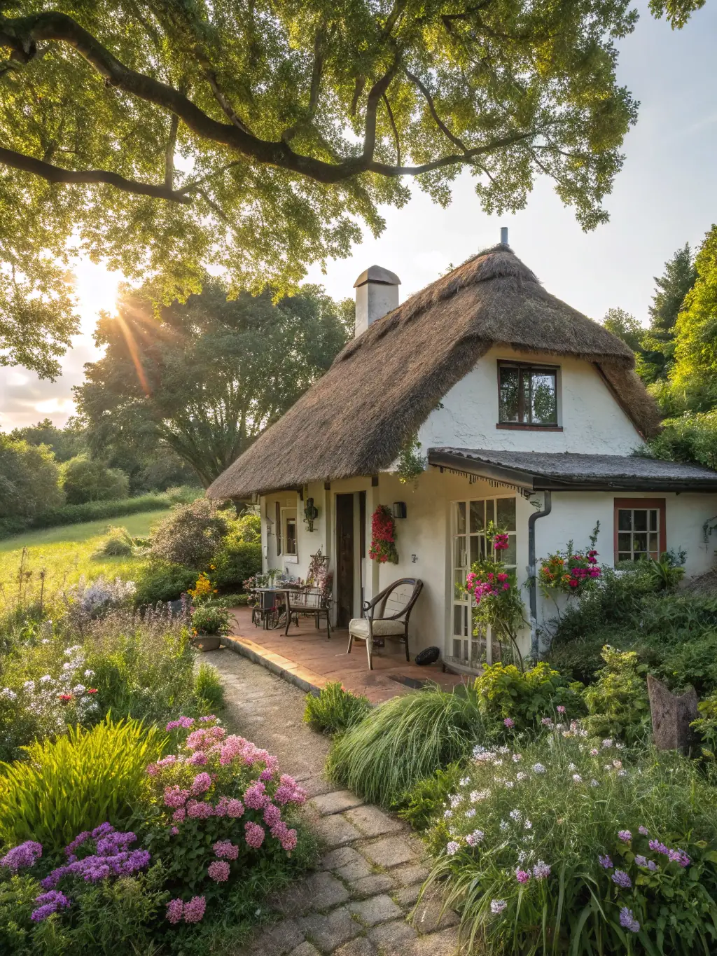 A charming countryside inn with stone walls and a cozy fireplace, surrounded by rolling hills and vineyards, representing a rustic and relaxing getaway.