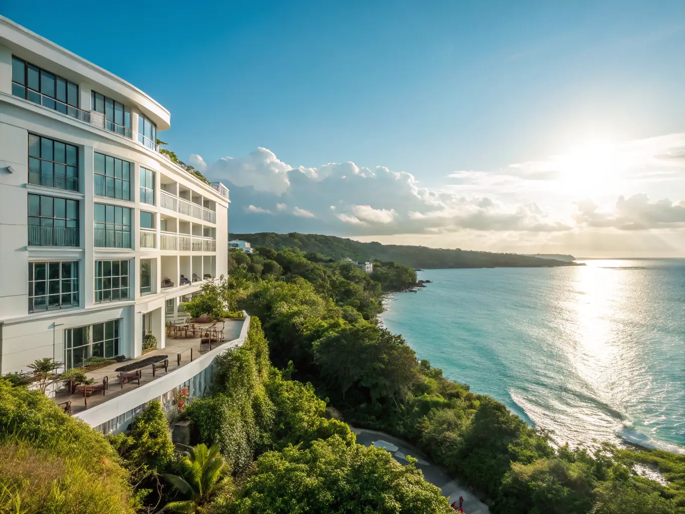 A coastal Parador hotel in Spain, featuring stunning ocean views, a private beach, and luxurious amenities.